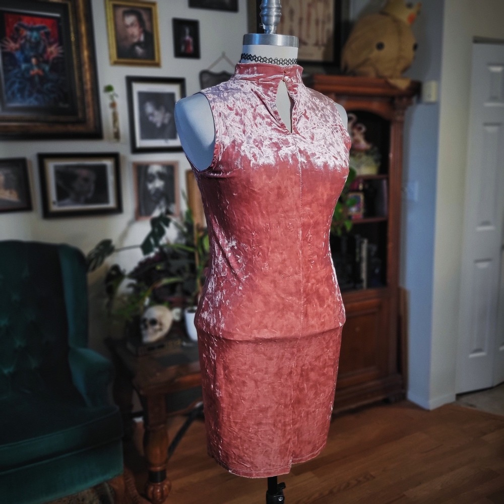 Ambiano Mini Dress Pink Crushed Velvet Mock‎ Neck Sleeveless Bodycon Y2K Style M